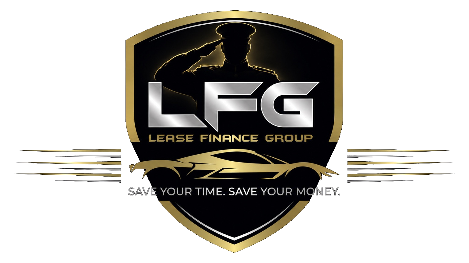 LFG Salute logo: gold shield, saluting silhouette, LFG lettering, and car graphic